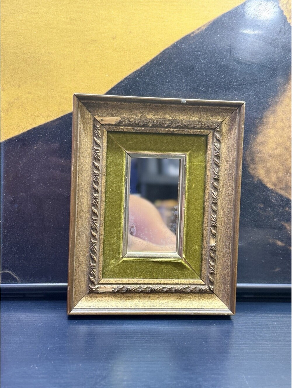 Vintage Ornate Gold Picture Frame Mirror Green Velvet Accent 9x6